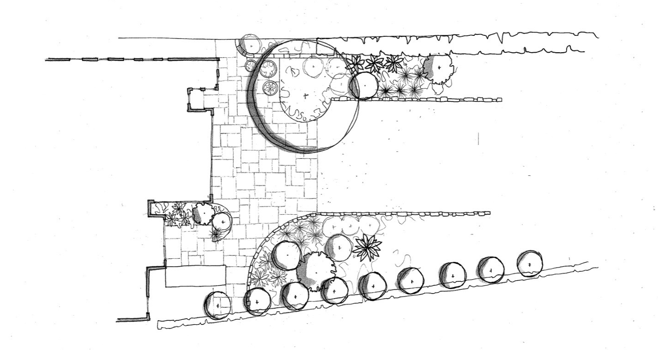 Hand-drawn garden layout plan with circular lawn — garden design by Will Draper, Norfolk