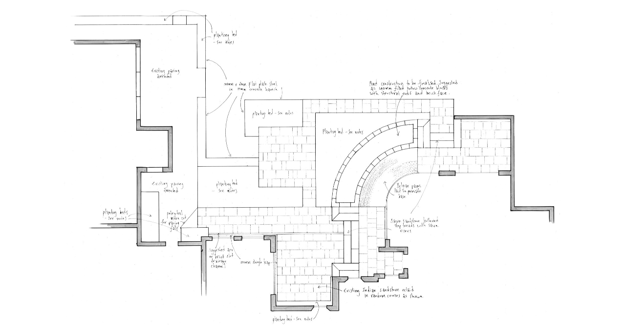 Hand-drawn garden construction drawing with curved path and dimensions — Will Draper, Norfolk