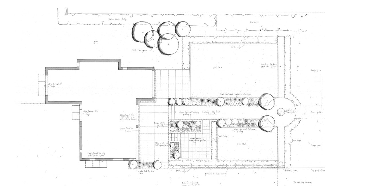 Hand-drawn garden plan with terrace and water feature — garden design by Will Draper, Norfolk