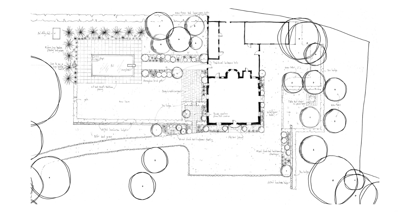 Hand-drawn garden construction plan with building layout — Will Draper Garden Design, Norfolk